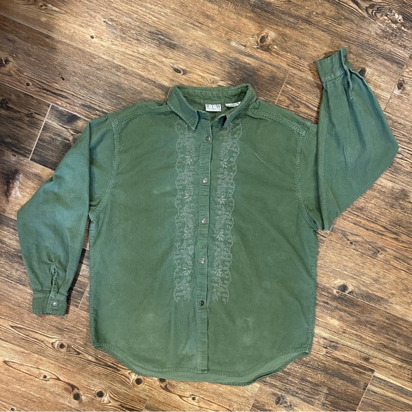 RTW Tops - 90s RTW “Ready to Wind Down” Green Corduroy Shirt - Size M